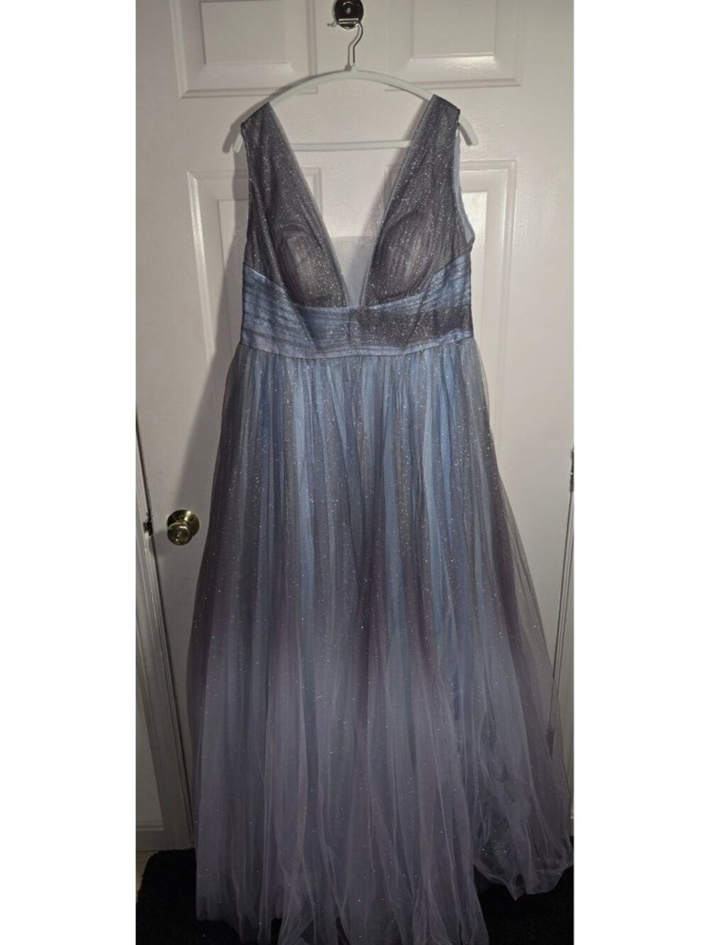Mac Duggal 20380 Blue Purple Gray Pink Ombre Glitter Tulle Ball Gown Size 16 NWT